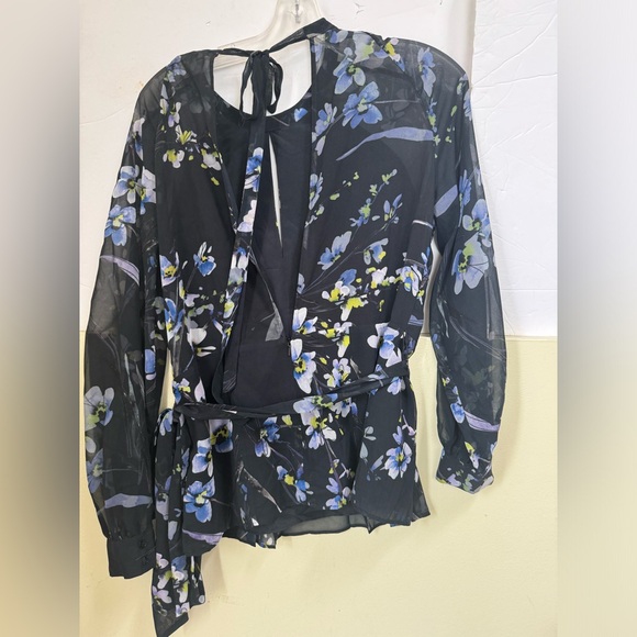 REISS Robbie Floral Printed Blouse Semi Sheer Pleated Keyhole Peplum Tie Flowy - Picture 14 of 16